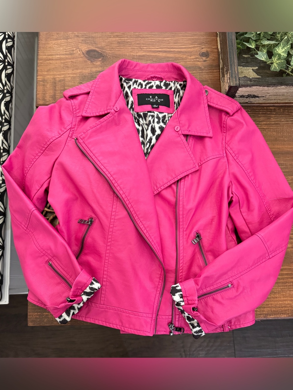 LA Collection Bright Pink Faux Leather Moto Jacket with Leopard Trim